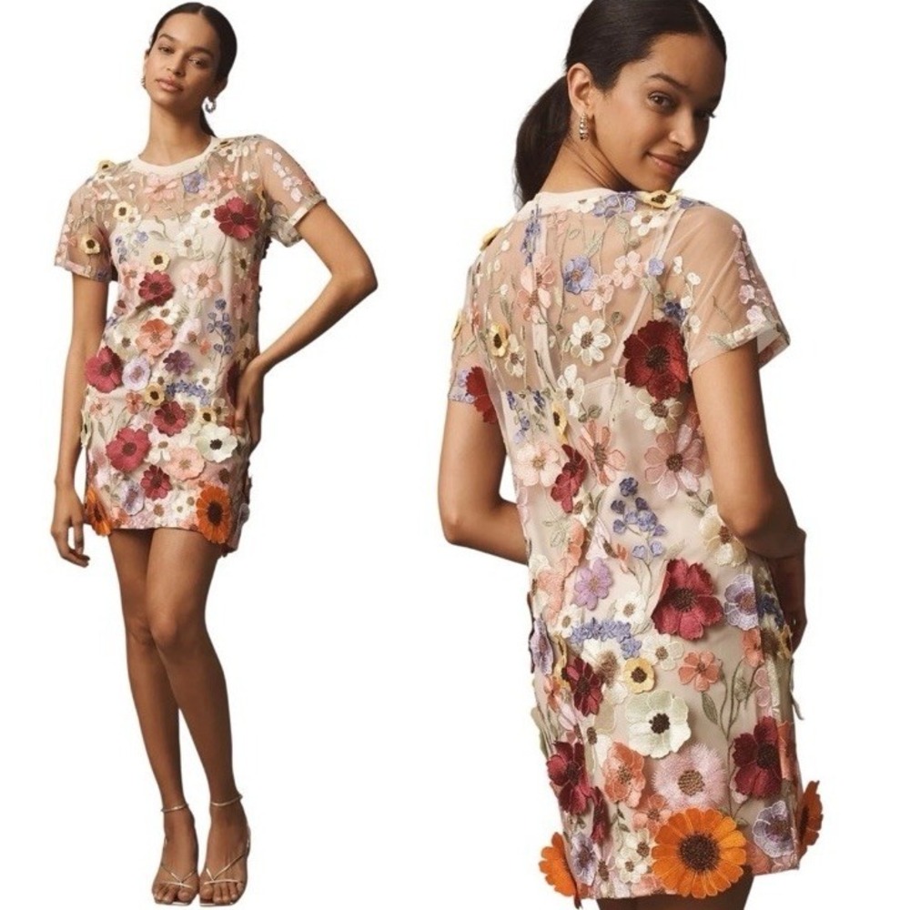 Anthropologie Endless Rose Floral-Embellished Sheer Shift Mini Dress Medium